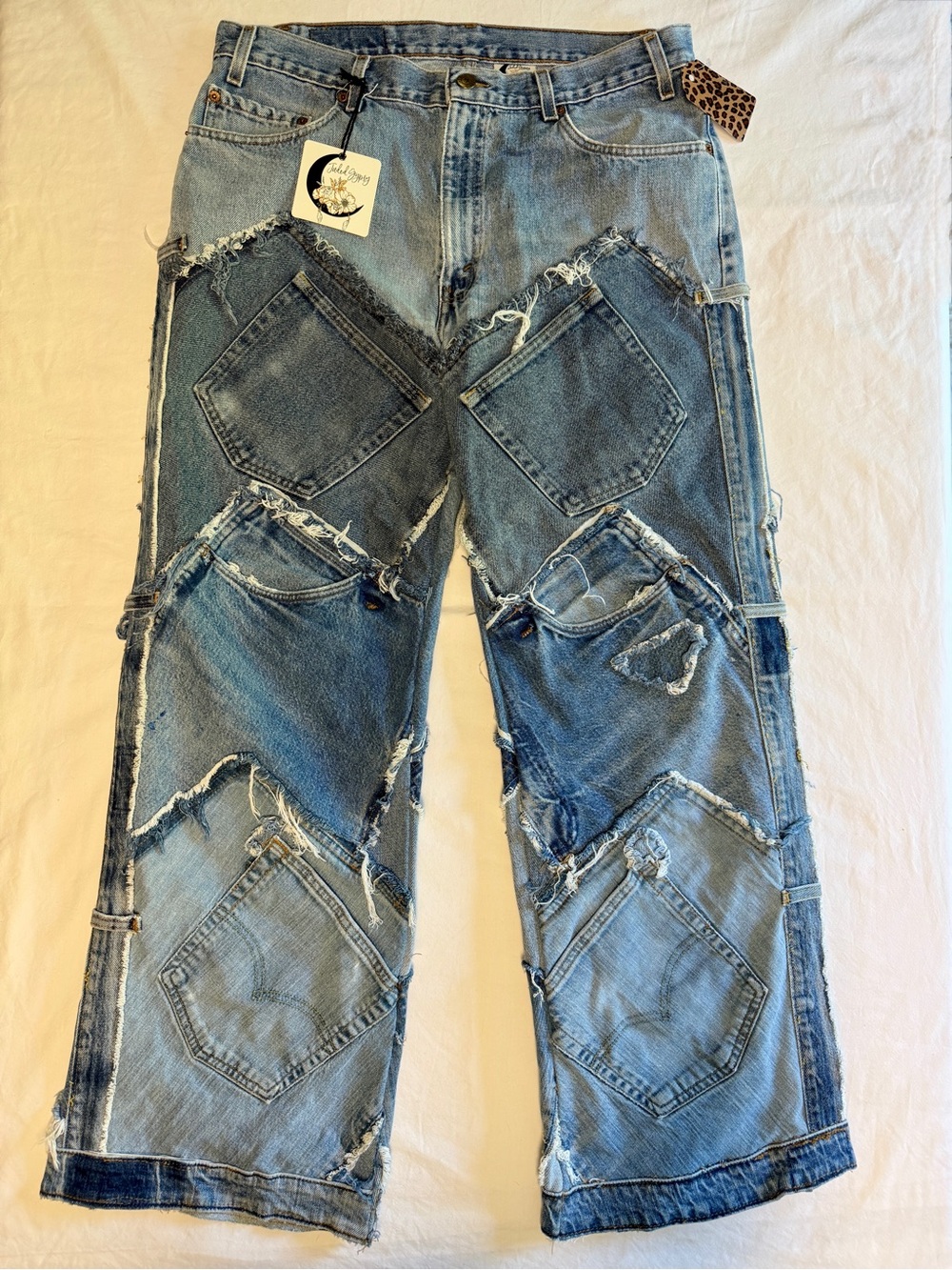 NWT Jaded Gypsy Reconstructed Mixed Denim Mosaic Pocket Jeans L